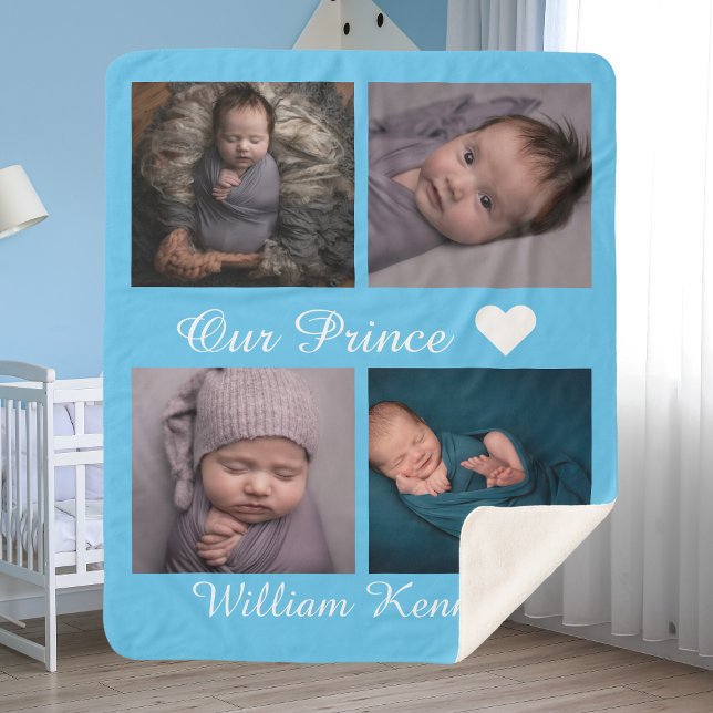 Personalised photo collage baby name monogram blue sherpa blanket (Creator Uploaded)
