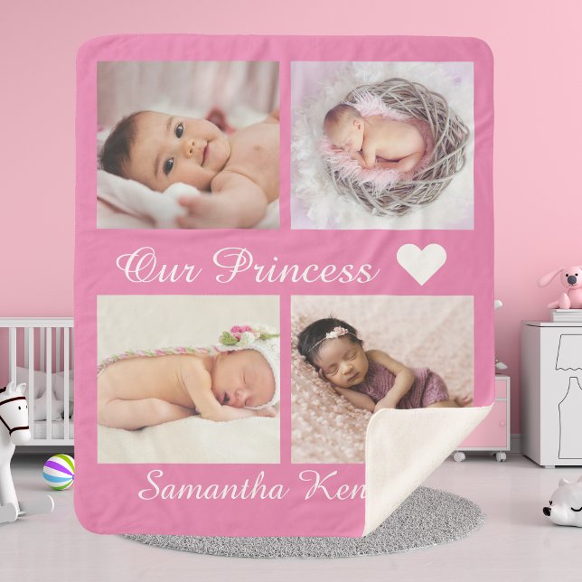 Personalised photo collage baby name monogram pink sherpa blanket (Creator Uploaded)