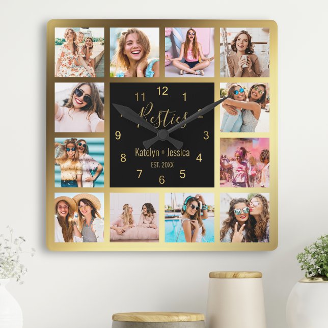Personalised Photo Collage Besties Gold Black Square Wall Clock (Creator Uploaded)