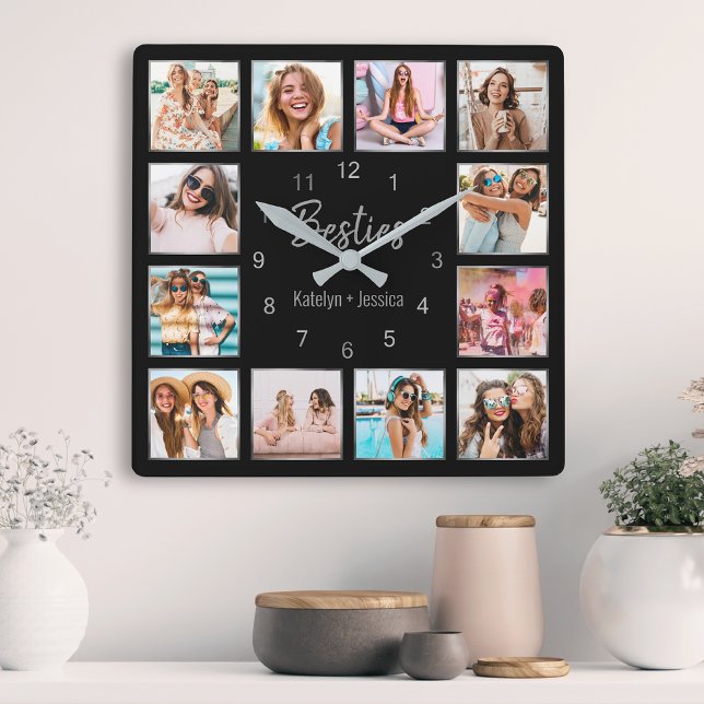Personalised Photo Collage Black Silver Friendship Square Wall Clock (Creator Uploaded)