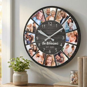 Personalised Photo Collage Black Wood Family Round Clock