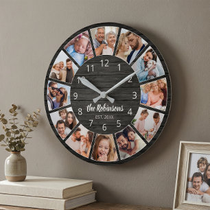 Personalised Photo Collage Black Wood Family Round Clock
