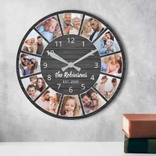 Personalised Photo Collage Black Wood Family Round Clock