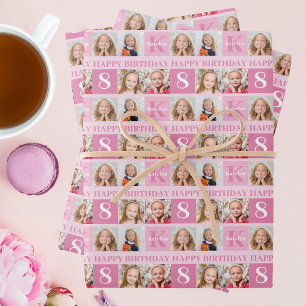 Personalised Photo Collage Cute Pink Girl Birthday Wrapping Paper Sheet