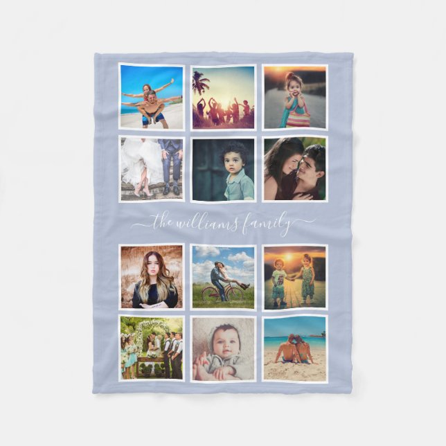 Personalised Photo Collage Family Light Dusty Blue Fleece Blanket (Front)
