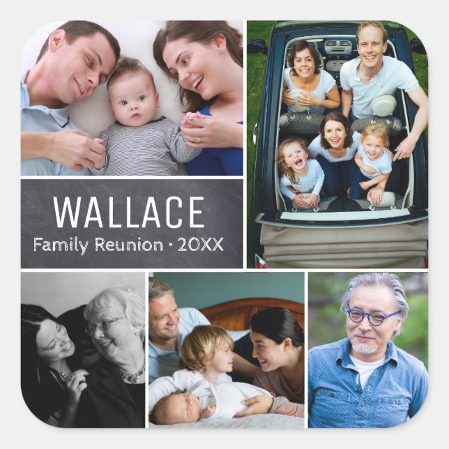 Personalised, photo collage, family reunion square sticker (Front)