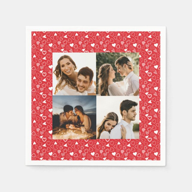 Personalised photo collage hearts pattern red napkin (Front)