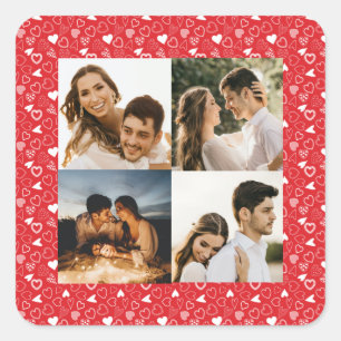 Personalised photo collage hearts pattern red square sticker