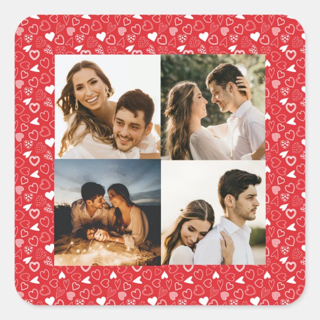 Personalised photo collage hearts pattern red square sticker (Front)