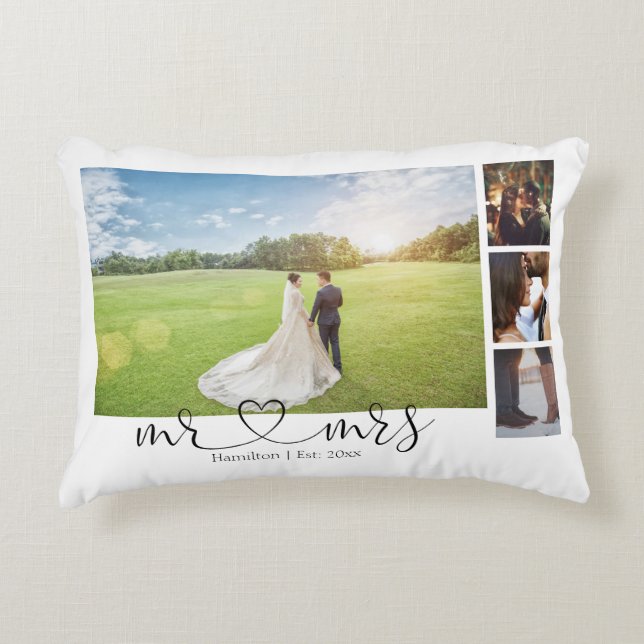 Personalised Photo Collage Mr and Mrs Heart Decorative Cushion (Front)