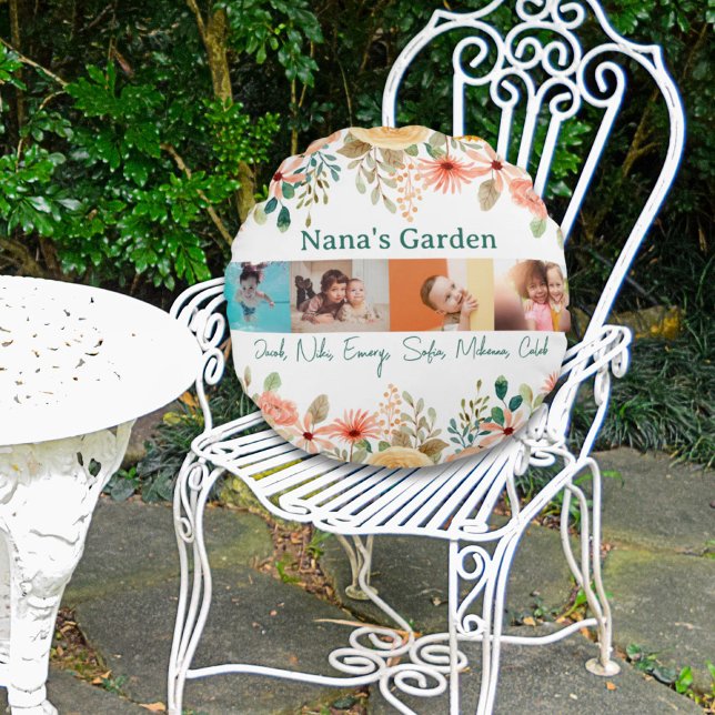 Personalised Photo Collage Nana Grandma's Garden  Round Cushion (Personalized Photo Collage Nana Grandma's Garden Round Pillow)