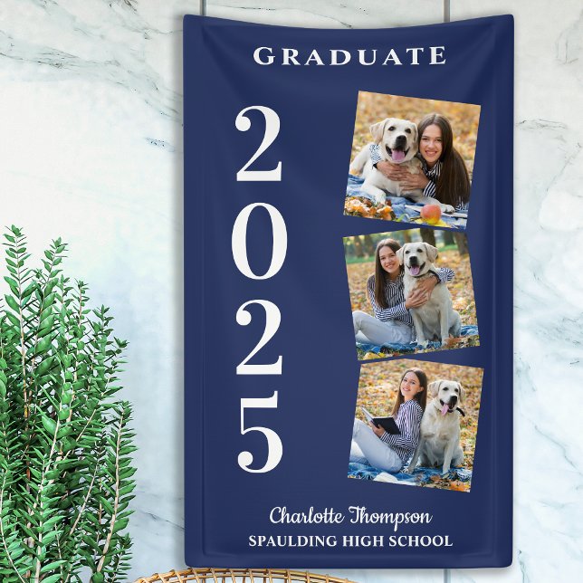 Personalised Photo Collage Navy Blue Graduation Banner (Creator Uploaded)