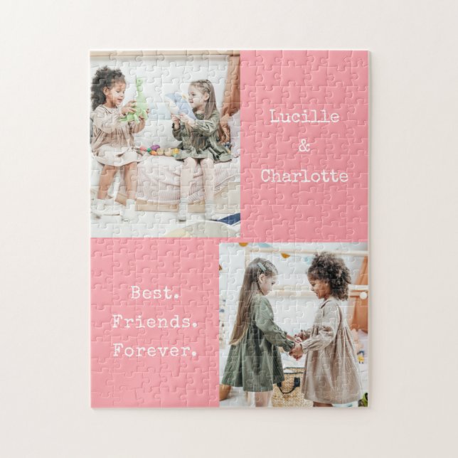 Personalised Photo Collage Pink Best Friends Name Jigsaw Puzzle (Vertical)