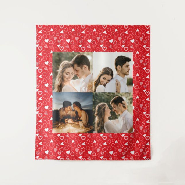 Personalised photo collage red Hearts pattern Tapestry (Front)