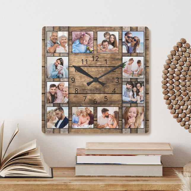 Personalised Photo Collage Rustic Wood Wine Barrel Square Wall Clock (Creator Uploaded)
