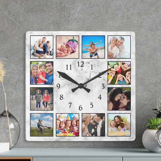 Personalised Photo Collage Stylish White Marble Square Wall Clock (Creator Uploaded)
