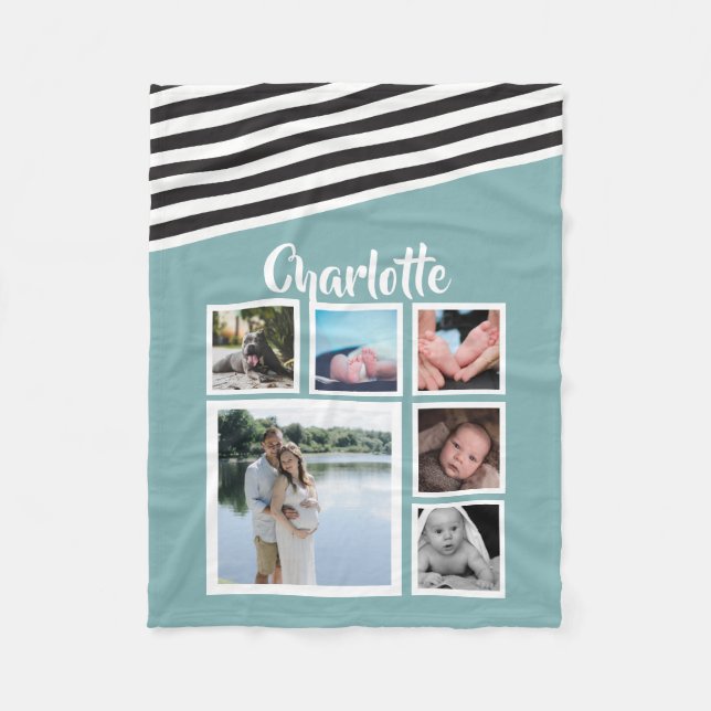 Personalised Photo Collage Teal Striped Unique Fleece Blanket (Front)
