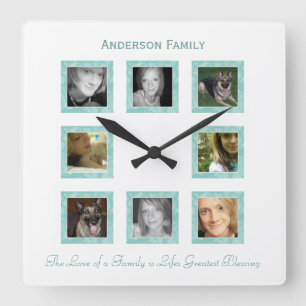 Personalised Photo Collage Wall Clock: Green Square Wall Clock