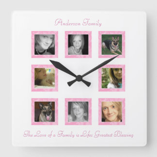 Personalised Photo Collage Wall Clock: Pink Square Wall Clock