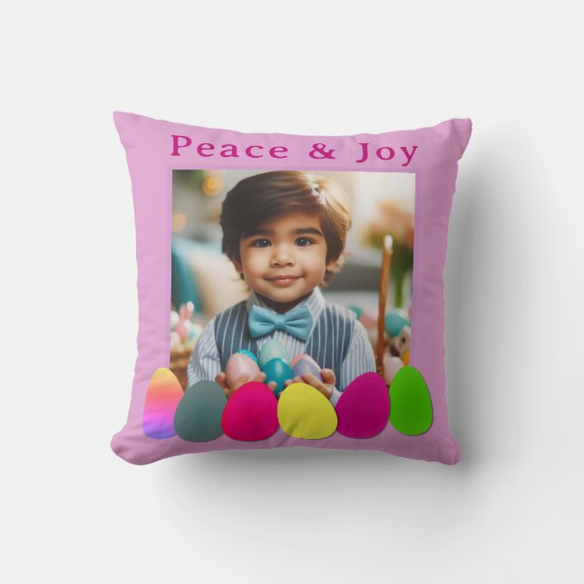 Personalised Photo Coloured Eggs Peace Joy Easter  Cushion (Front)