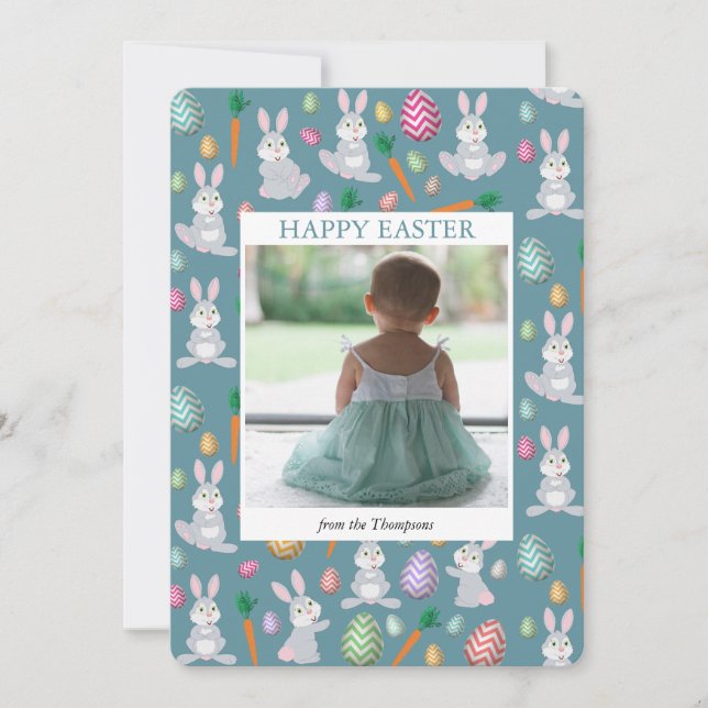 Personalised Photo Cute Blue Easter Bunny Rabbit  Holiday Card (Front)