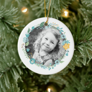 Personalised Photo Delicate Floral Wreath Ceramic Tree Decoration