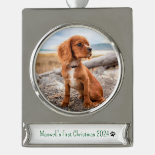 Personalised Photo Dogs First Christmas 2024 Silver Plated Banner Ornament