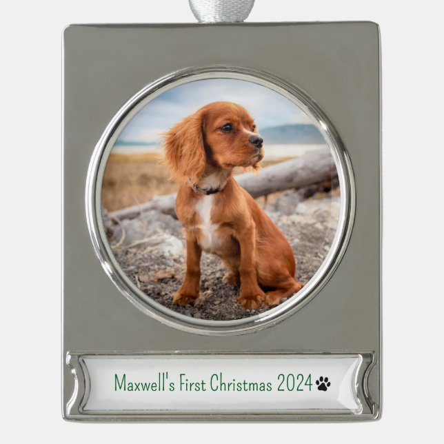 Personalised Photo Dogs First Christmas 2024 Silver Plated Banner Ornament (Front)