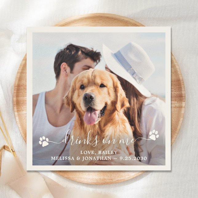 Personalised Photo Drinks On Me Dog Pet Wedding Napkin (Creator Uploaded)