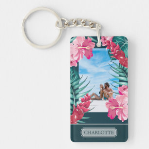 Personalised Photo Exotic Summer Flowers Monogram Key Ring
