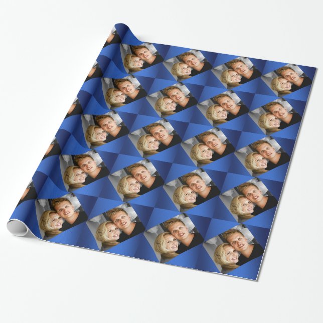 Personalised photo family couples photo blue wrapping paper (Unrolled)