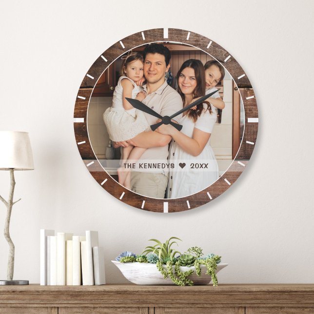 Personalised Photo Family Name Rustic Dark Wood Large Clock (Creator Uploaded)