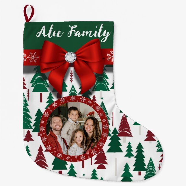Personalised Photo Festive Christmas Tree & Bow Large Christmas Stocking (Front)