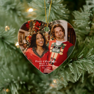 Personalised Photo "First Christmas" Heart Shaped Ceramic Tree Decoration