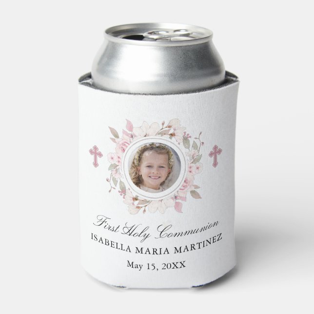 Personalised Photo First Communion Pink Floral Can Cooler (Can Front)