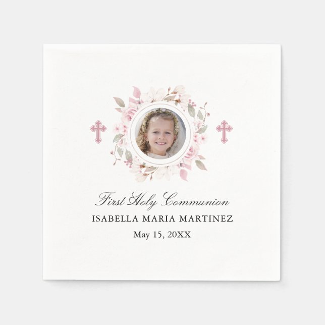 Personalised Photo First Communion Pink Floral Napkin (Front)