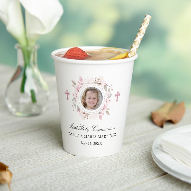Personalised Photo First Communion Pink Floral Paper Cups (Insitu)