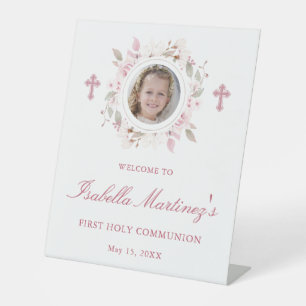 Personalised Photo First Communion Pink Floral Pedestal Sign