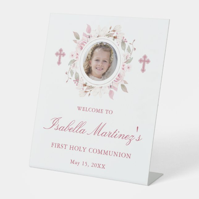 Personalised Photo First Communion Pink Floral Pedestal Sign (Front)