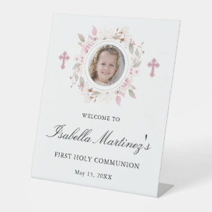 Personalised Photo First Communion Pink Floral Pedestal Sign