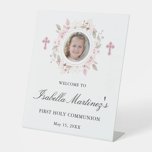 Personalised Photo First Communion Pink Floral Pedestal Sign (Front)