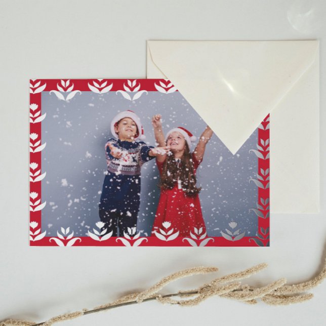   Personalised Photo Folk Art Border Red Christmas Foil Holiday Card (Creator Uploaded)