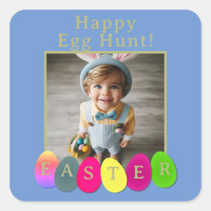 Personalised Photo Fun Egg Hunt Easter Blue Yellow Square Sticker