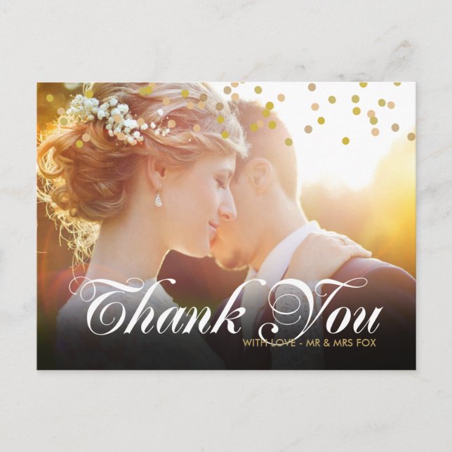 Personalised Photo Gold Confetti Script Thank You Postcard (Front)