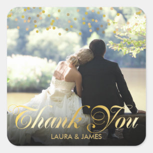 Personalised Photo Gold Confetti Script Thank You Square Sticker