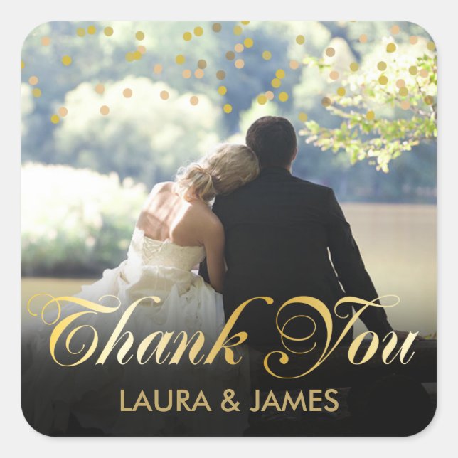 Personalised Photo Gold Confetti Script Thank You Square Sticker (Front)