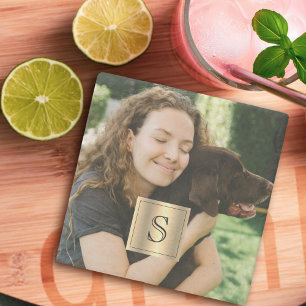 Personalised Photo Gold Frame and Black Monogram Stone Coaster