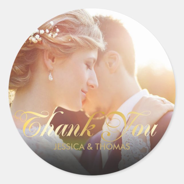 Personalised Photo Gold Script Thank You Classic Round Sticker (Front)