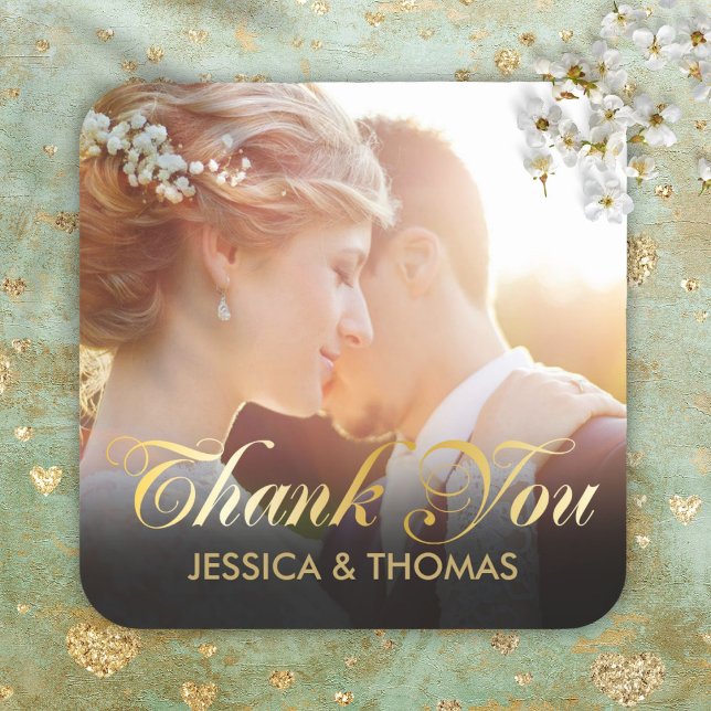 Personalised Photo Gold Script Wedding Thank You Square Sticker (Personalized Photo Gold Script Wedding Thank You Square Sticker)