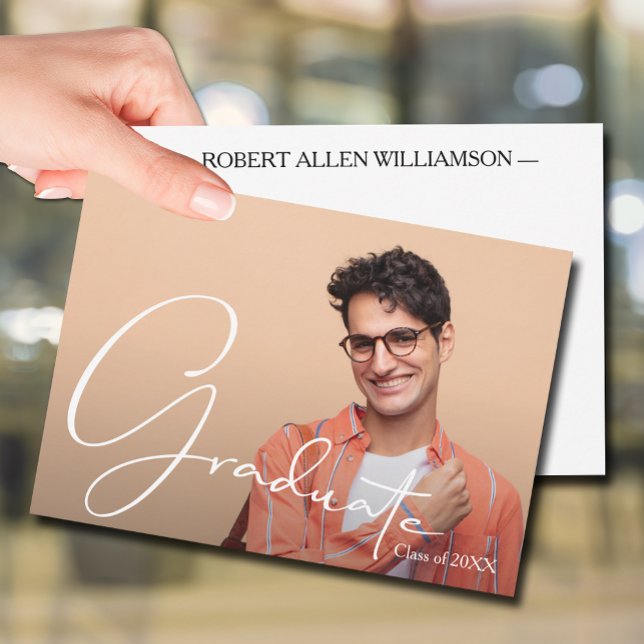 Personalised Photo Graduate Flat Thank You Card (5" x 7" Script Graduate on personalized photo flat thank you note cards, name & message on the back)